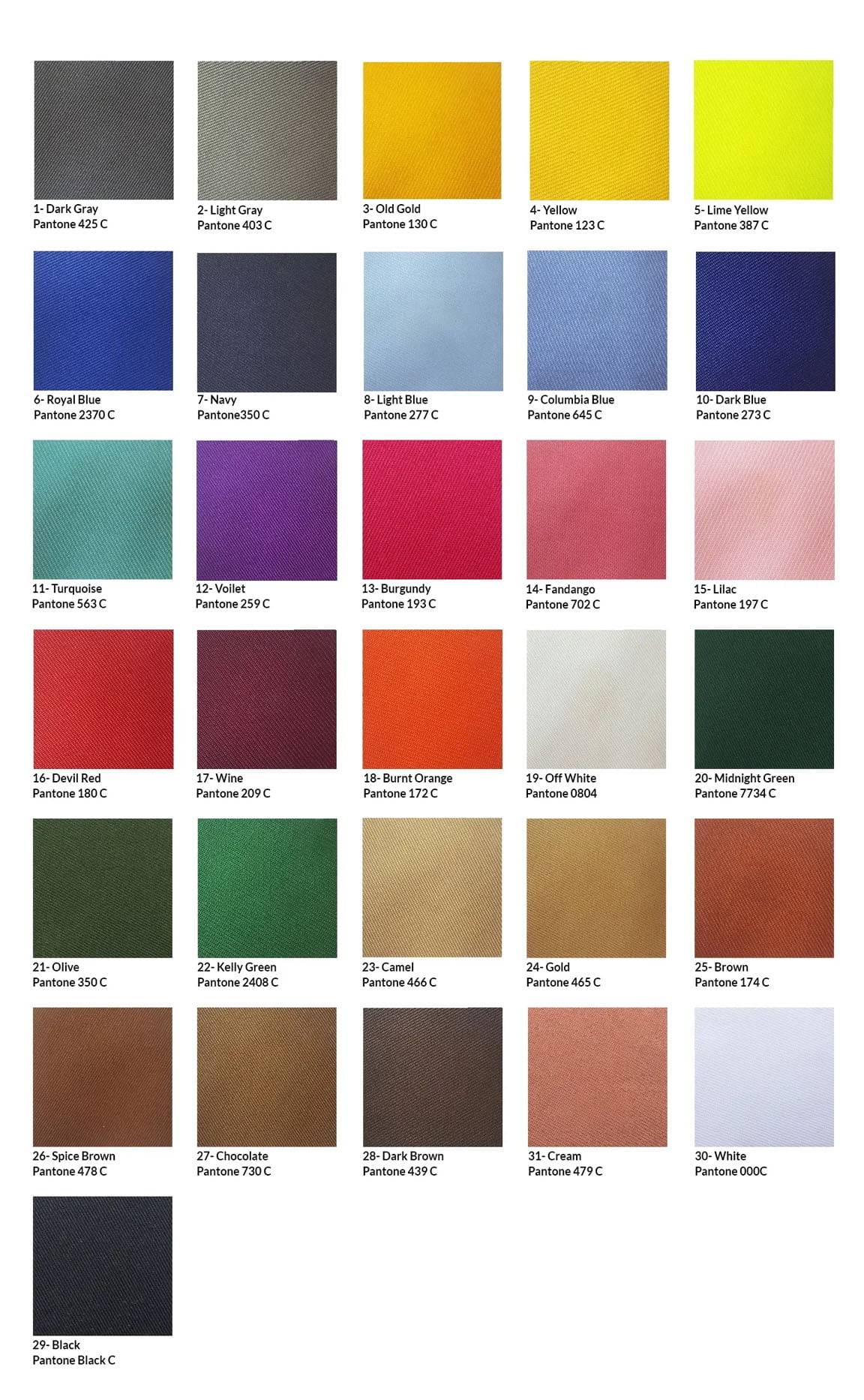 Twill Fabric Colors Chart